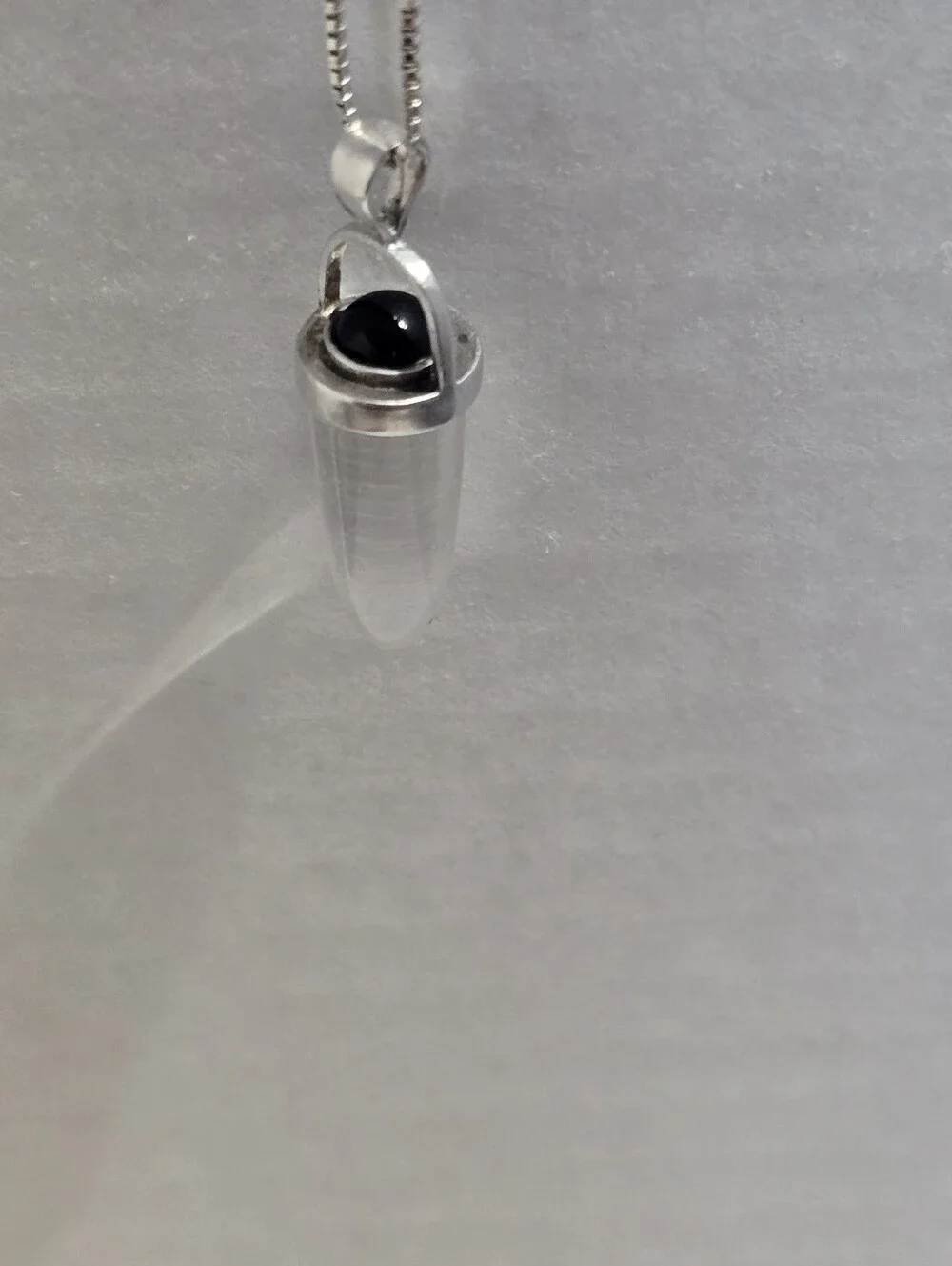 Vtg 1.4 Inch Black Tourmaline Clear Crystal Pendant On 18 Inch Silver Box Chain